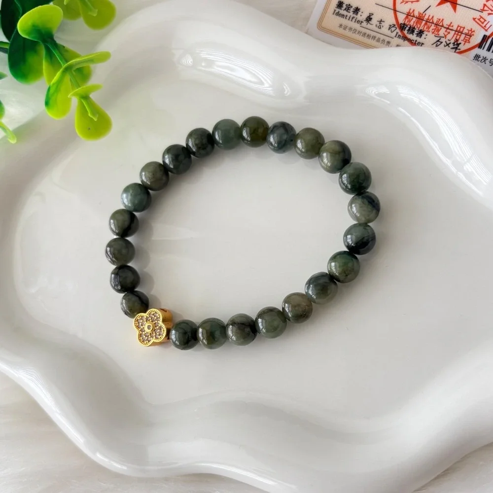 Authentic Green Jadeite Beaded Bracelet with Gold Clover Charm  20.03g